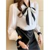 image:imageGORGLITTER Womens Bow Tie Neck Blouse Color Block Long Sleeve Work Shirt Office Business Casual Professional Dressy TopsWhite