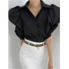 image:imageGORGLITTER Womens Bubble Tops Short Puffy Sleeve Button Down Blouses Tops Business Dressy Casual Summer Work ShirtBlack