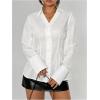 image:imageGORGLITTER Womens Button Up Fitted Blouse Dressy Bell Sleeve Office Work Shirt Cinched Waist TopsWhite