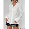image:imageGORGLITTER Womens Button Up Fitted Blouse Dressy Bell Sleeve Office Work Shirt Cinched Waist TopsWhite