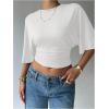 image:imageGORGLITTER Womens Dolman Short Sleeve Cinched Waist Tops Ruched Crew Neck Fitted Crop Tops Casual Going Out OutfitsPure White