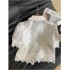image:imageGORGLITTER Womens Floral Embroidered Blouse Eyelet Puff Short Sleeve Button Down Shirt Dressy Summer Casual Crop TopsWhite