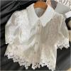 image:imageGORGLITTER Womens Floral Embroidered Blouse Eyelet Puff Short Sleeve Button Down Shirt Dressy Summer Casual Crop TopsWhite
