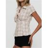 image:imageGORGLITTER Womens Gingham Button Down Shirts Y2K Short Sleeve Cinched Waist Tops Summer Lapel Collared Fitted BlousesApricot