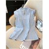 image:imageGORGLITTER Womens Gingham Peplum Blouse Top Ruffle Plaid Sleeveless Frilled Collared Tank Top Cute Summer Going Out Outfits Blue and White Large