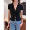 image:imageGORGLITTER Womens Lace Crop Tops Short Sleeve Cinched Waist V Neck Blouses Fitted Button Down Shirts DressyBlack