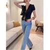 image:imageGORGLITTER Womens Lace Crop Tops Short Sleeve Cinched Waist V Neck Blouses Fitted Button Down Shirts DressyBlack