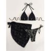 image:imageGORGLITTER Womens Lace Thong Bikini Sets Halter Triangle String Swimsuits 3 Piece Bathing Suit with Sarong CoverupsBlack