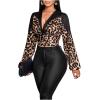 image:imageGORGLITTER Womens Leopard Print Blouse Ruched Deep V Neck Cheetah Bishop Long Sleeve Cropped Shirt Going Out TopsBrown