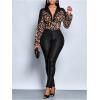 image:imageGORGLITTER Womens Leopard Print Blouse Ruched Deep V Neck Cheetah Bishop Long Sleeve Cropped Shirt Going Out TopsBrown