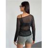 image:imageGORGLITTER Womens Mesh Tops Sheer See Through Long Sleeve Boat Neck T Shirts Cover Up Sexy Spring Outfits 2026Black1