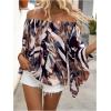 image:imageGORGLITTER Womens Off The Shoulder Tops Boho Asymmetrical 34 Sleeve Ruffle Colorful Blouses Shirt Tops Dressy CasualCoffee Brown