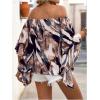 image:imageGORGLITTER Womens Off The Shoulder Tops Boho Asymmetrical 34 Sleeve Ruffle Colorful Blouses Shirt Tops Dressy CasualCoffee Brown
