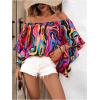 image:imageGORGLITTER Womens Off The Shoulder Tops Boho Asymmetrical 34 Sleeve Ruffle Colorful Blouses Shirt Tops Dressy CasualMulticolor Print
