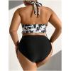 image:imageGORGLITTER Womens Plus Size Bow Halter Swimsuit Color Block High Waisted Thong Bikini Sets Tie Dye Bathing Suit 2025Black and White
