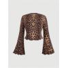 image:imageGORGLITTER Womens Plus Size Cheetah Print Tie Front Crop Top Animal Lace Bell Long Sleeve Blouse Shirt Holiday OutfitsBrown