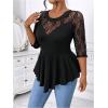 image:imageGORGLITTER Womens Plus Size Peplum Tops Sheer Mesh Lace Patchwork Tops Asymmetrical 34 Sleeve Crew Neck Tees ShirtBlack