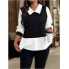image:imageGORGLITTER Womens Plus Size Tops Shirt Dressy Baby Doll Peplum Long Sleeve Color Block Collar 2 in 1 Knit Blouse TopBlack and White