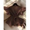 image:imageGORGLITTER Womens Ruffle Hem Peplum Baby Doll Tops Casual Summer Wrap Tie Front V Neck Short Sleeve Blouse Shirt TopsBrown