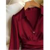 image:imageGORGLITTER Womens Satin Long Sleeve Blouse Button Down Ruched Cinched Waist Dressy Casual Business Work TopsBurgundy