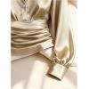 image:imageGORGLITTER Womens Satin Long Sleeve Blouse Button Down Ruched Cinched Waist Dressy Casual Business Work TopsKhaki