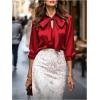image:imageGORGLITTER Womens Satin Silk Top Blouse Bow Tie Neck Long Sleeve Elegant Blouse Dressy Business Casual TopsRed