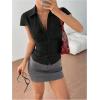 image:imageGORGLITTER Womens Striped Fitted Button Up Shirt Cropped Ruched Cap Sleeve Collar Work Office Blouse Dressy TopsBlack