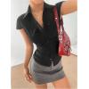 image:imageGORGLITTER Womens Striped Fitted Button Up Shirt Cropped Ruched Cap Sleeve Collar Work Office Blouse Dressy TopsBlack