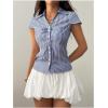 image:imageGORGLITTER Womens Striped Fitted Button Up Shirt Cropped Ruched Cap Sleeve Collar Work Office Blouse Dressy TopsBlue and White