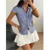 image:imageGORGLITTER Womens Striped Fitted Button Up Shirt Cropped Ruched Cap Sleeve Collar Work Office Blouse Dressy TopsBlue and White