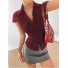 image:imageGORGLITTER Womens Striped Fitted Button Up Shirt Cropped Ruched Cap Sleeve Collar Work Office Blouse Dressy TopsBurgundy