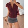 image:imageGORGLITTER Womens Striped Fitted Button Up Shirt Cropped Ruched Cap Sleeve Collar Work Office Blouse Dressy TopsBurgundy