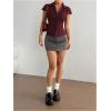 image:imageGORGLITTER Womens Striped Fitted Button Up Shirt Cropped Ruched Cap Sleeve Collar Work Office Blouse Dressy TopsBurgundy