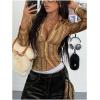 image:imageGORGLITTER Womens Striped Fitted Shirt Y2k Cinched Waist Tops Ruched Long Sleeve Button Up Blouses Dressy StreetwearCoffee Brown