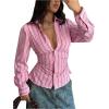 image:imageGORGLITTER Womens Striped Fitted Shirt Y2k Cinched Waist Tops Ruched Long Sleeve Button Up Blouses Dressy StreetwearPink