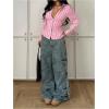 image:imageGORGLITTER Womens Striped Fitted Shirt Y2k Cinched Waist Tops Ruched Long Sleeve Button Up Blouses Dressy StreetwearPink