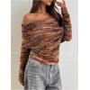 image:imageGORGLITTER Womens Striped Off The Shoulder Sweater Fuzzy Mohair Fall Fashion Fold Over Pullover TopsBrown Striped