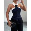 image:imageGORGLITTER Womens Striped Sleeveless Halter Blouse Button Up Shirt Collared Sexy Business Work Party Club Going Out TopBlue