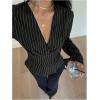 image:imageGORGLITTER Womens Striped Wrap Top Long Sleeve V Neck Dressy Casual Work Shirt Business Office BlouseBlack