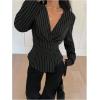 image:imageGORGLITTER Womens Striped Wrap Top Long Sleeve V Neck Dressy Casual Work Shirt Business Office BlouseBlack