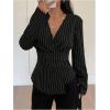 image:imageGORGLITTER Womens Striped Wrap Top Long Sleeve V Neck Dressy Casual Work Shirt Business Office BlouseBlack