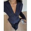image:imageGORGLITTER Womens Striped Wrap Top Long Sleeve V Neck Dressy Casual Work Shirt Business Office BlouseDark Blue