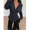 image:imageGORGLITTER Womens Striped Wrap Top Long Sleeve V Neck Dressy Casual Work Shirt Business Office BlouseDark Blue