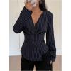 image:imageGORGLITTER Womens Striped Wrap Top Long Sleeve V Neck Dressy Casual Work Shirt Business Office BlouseDark Blue