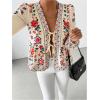 image:imageGORGLITTER Womens Tie Front Floral Blouses Lantern Sleeve V Neck Boho Peplum TopsApricot Multicolor