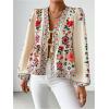 image:imageGORGLITTER Womens Tie Front Floral Blouses Lantern Sleeve V Neck Boho Peplum TopsApricot Multicolor