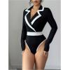 image:imageGORGLITTER Womens Wrap Blouse Bodysuit Collar V Neck Dressy Long Sleeve Business Casual Body Suits TopsBlack