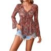image:imageGORGLITTER Womens Bell Sleeve Tops Tie Front Sheer Mesh V Neck Ruffle Peplum Blouse TopBurgundy