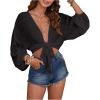 image:imageGORGLITTER Womens Boho Tie Front Tops Sheer Lantern Long Sleeve Blouse Summer Vacation Going Out Outfits Swim Cover UpBlack