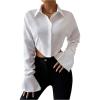 image:imageGORGLITTER Womens Cropped Button Down Shirts Long Bell Sleeve Collared Crop Blouses Tops Causal Office OutfitsWhite
